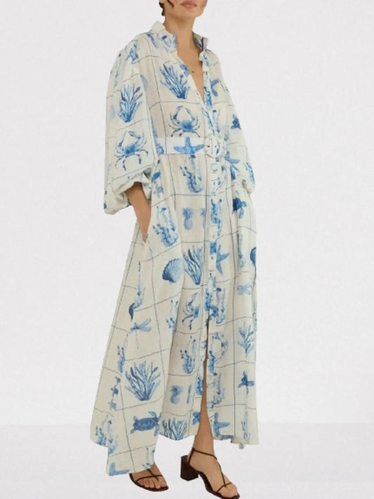 Belted Sea Life Printed Linen Maxi Dress - Dresses