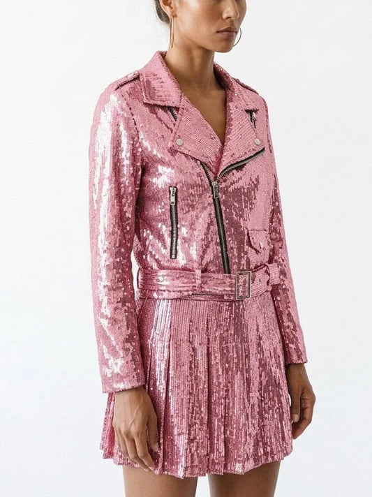 Belted Sequin Biker Jacket and Pleated Skirt Set - Suits & Sets