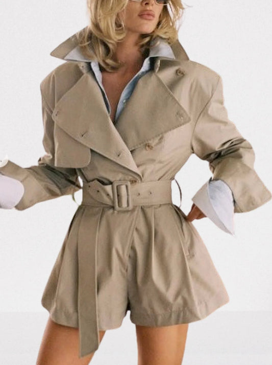 Belted Short Trench Jumpsuit in Khaki - Suits & Sets