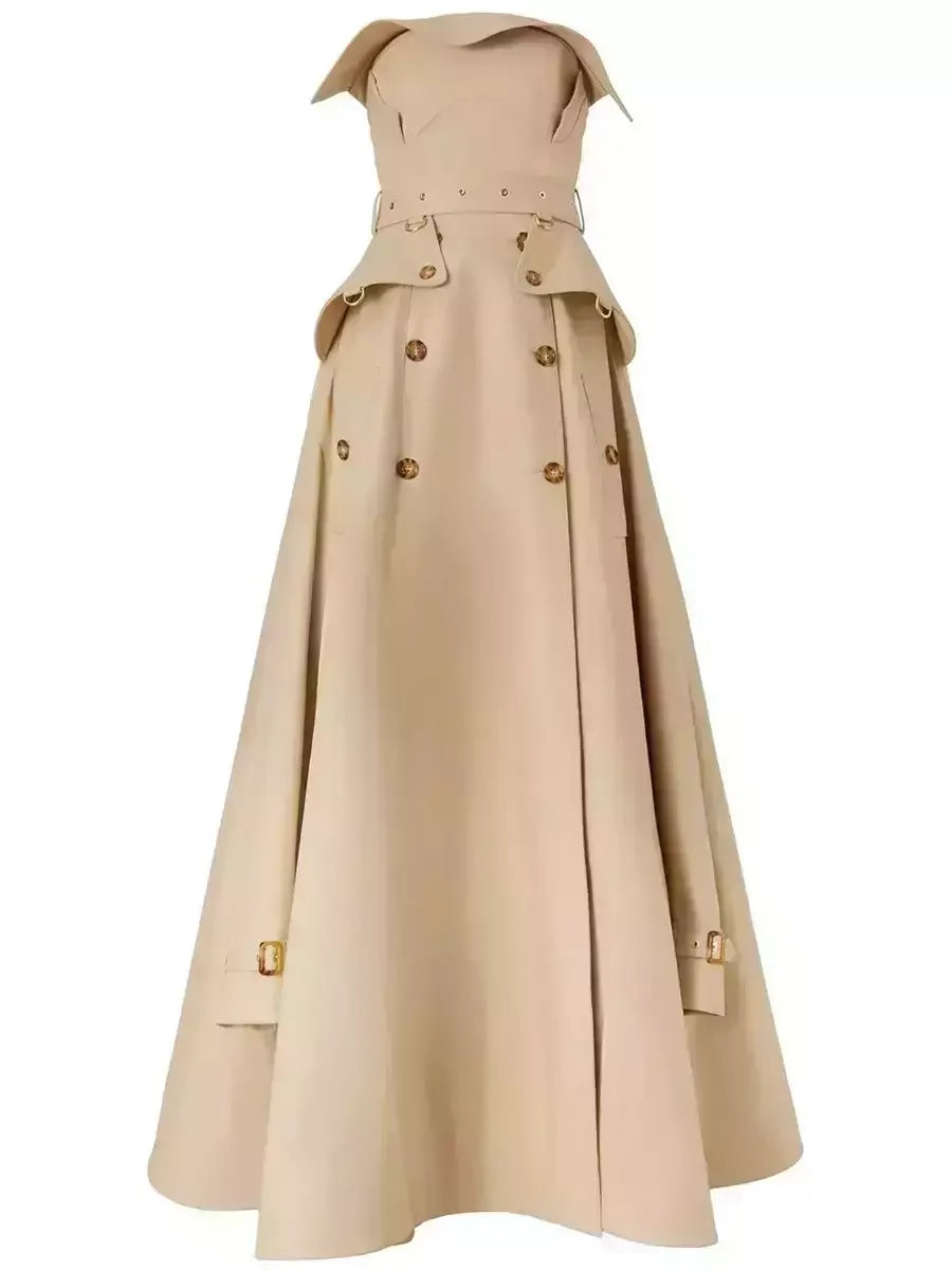 Belted Strapless Trench Dress in Khaki Dresses