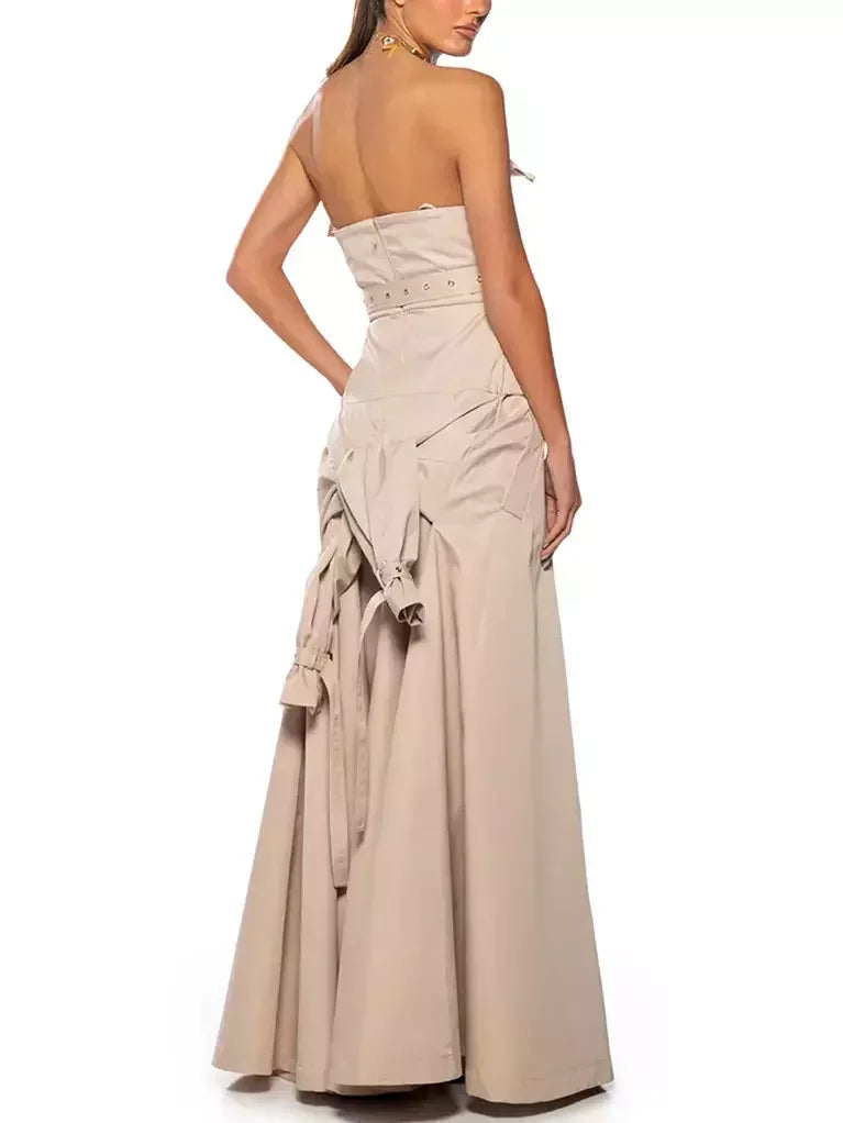 Belted Strapless Trench Dress in Khaki Dresses