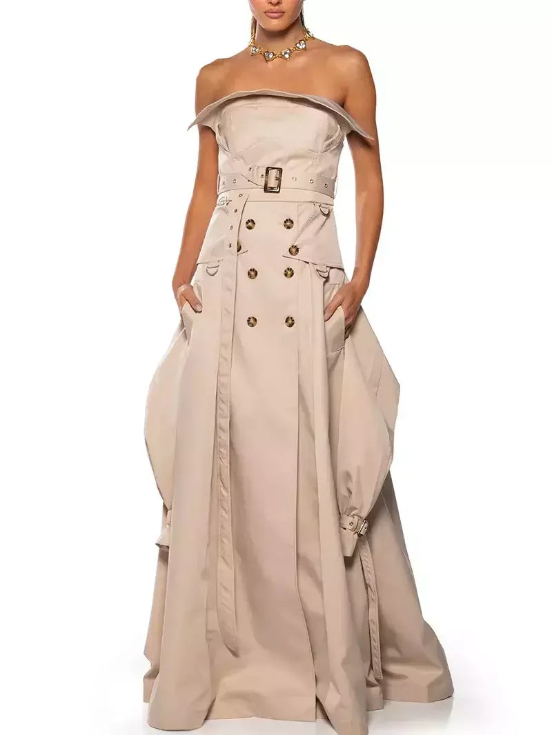 Belted Strapless Trench Dress in Khaki Dresses