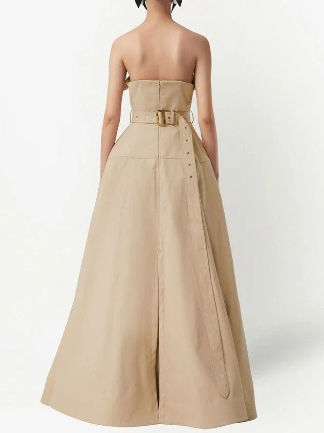 Belted Strapless Trench Dress in Khaki Dresses