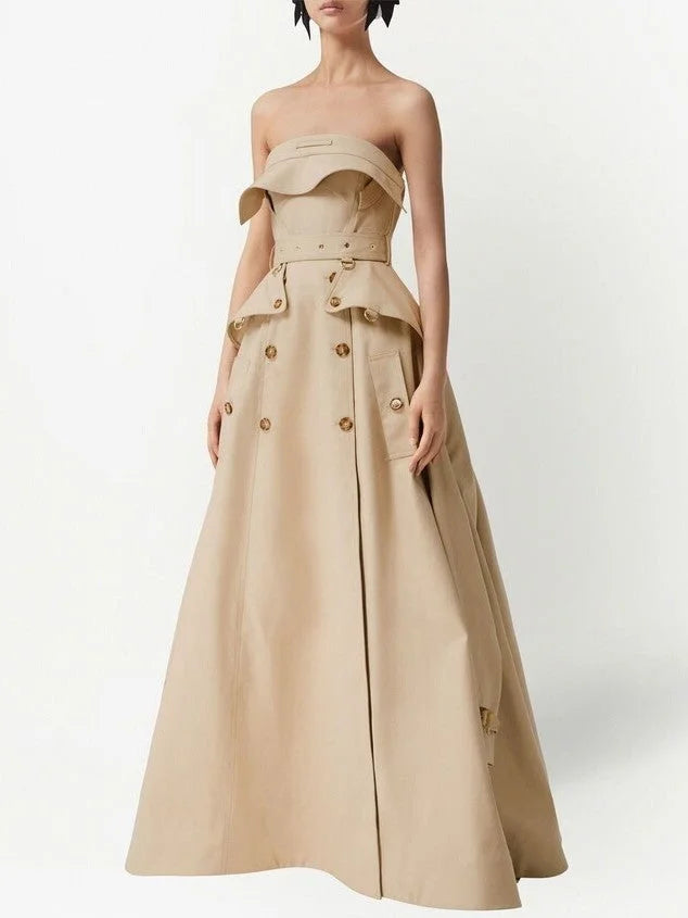 Belted Strapless Trench Dress in Khaki Dresses
