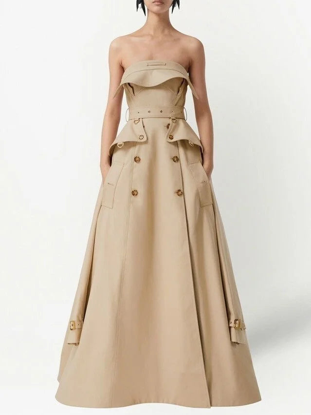 Belted Strapless Trench Dress in Khaki Dresses