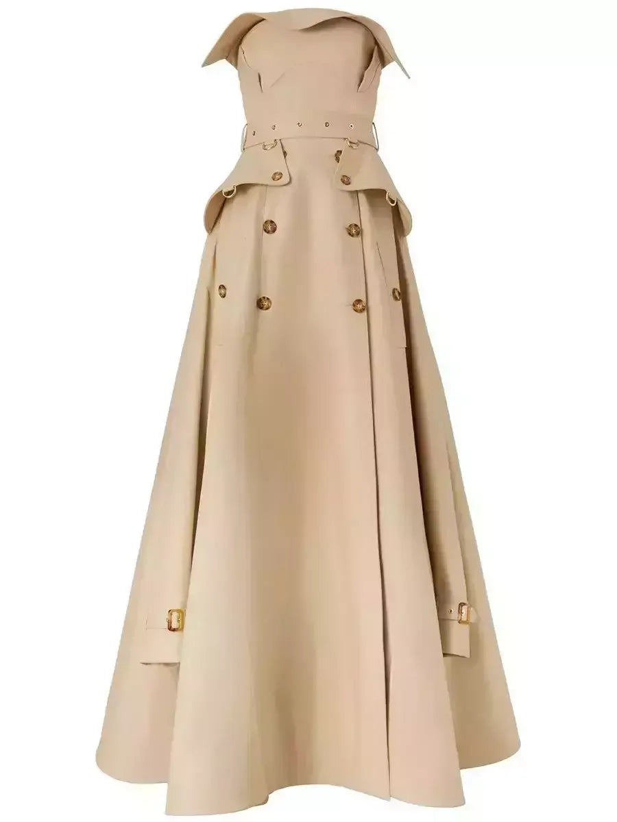 Belted Strapless Trench Dress in Khaki Dresses