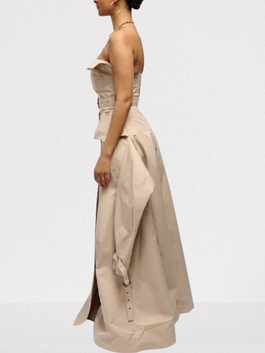 Belted Strapless Trench Dress in Khaki Dresses