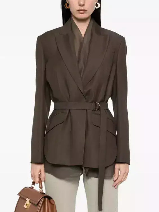 Belted Twill Brown Blazer with Silk Organza Trim - Jackets