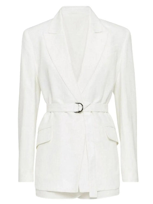 Belted Twill White Blazer with Silk Organza Trim - Jackets