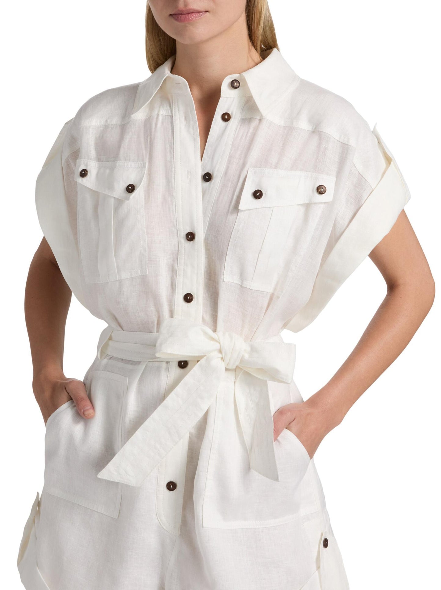 Belted White Linen Playsuit - Suits & Sets