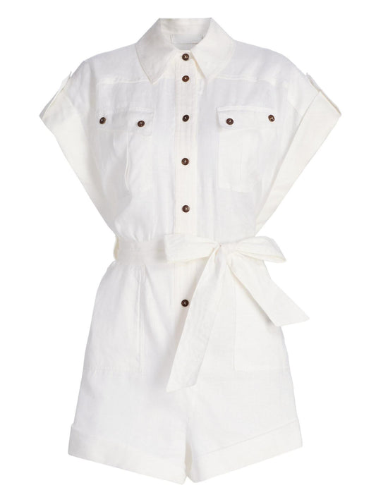 Belted White Linen Playsuit - Suits & Sets