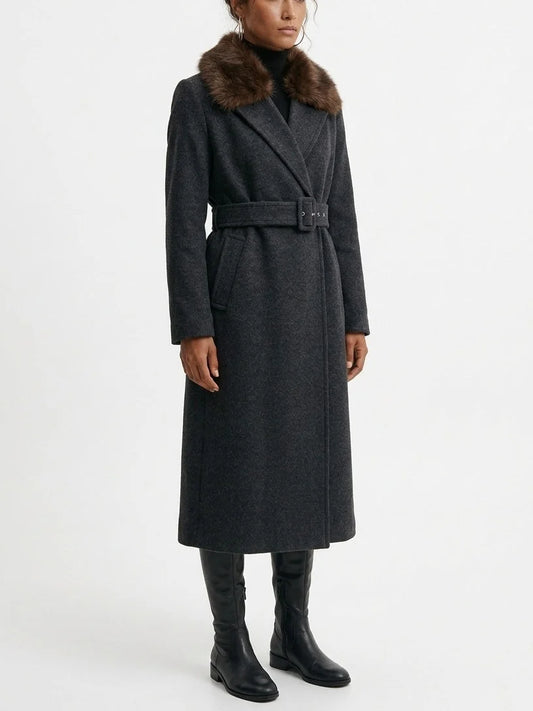 Safety-Pin Belted Black Wool Coat - Coats