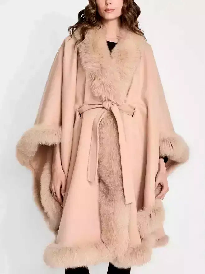 Belted Wool Cape Coat with Fur Trim - One size - Coats