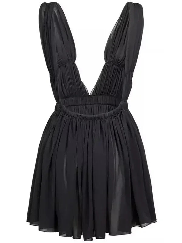 Black Pleated Open-Back Mini Dress - Dresses