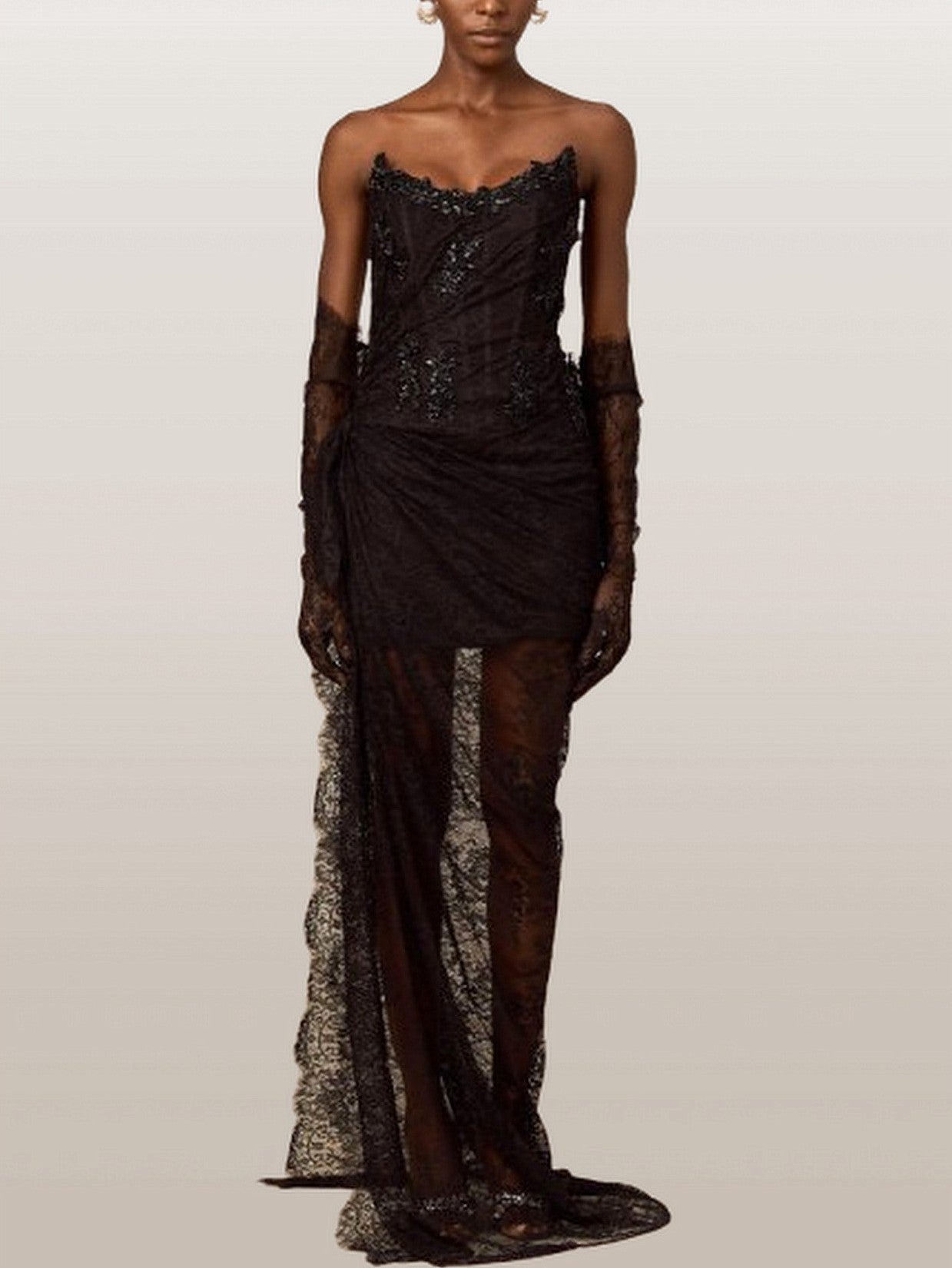 Black Bead-Embellished Corset Lace Gown