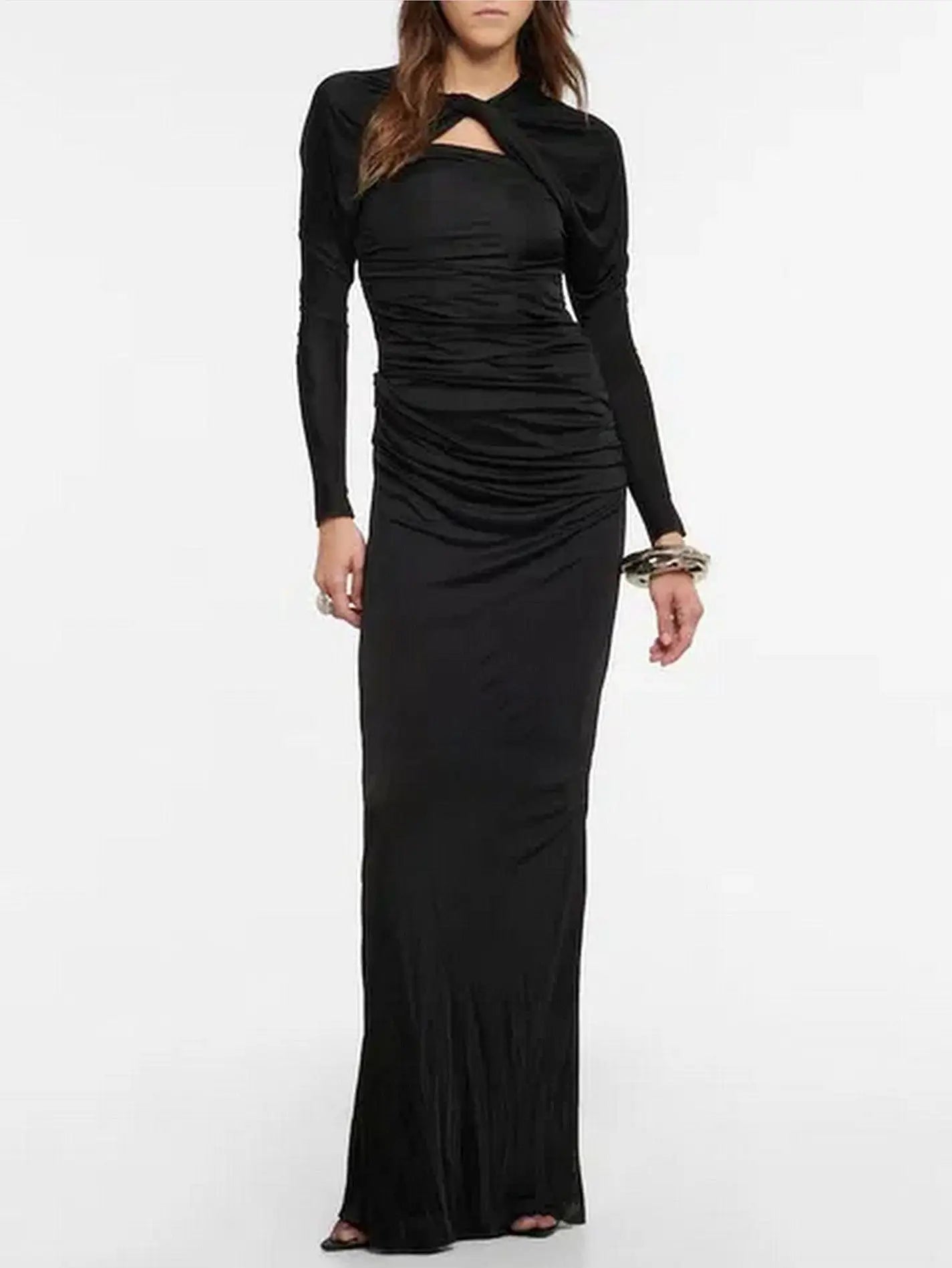 Black Draped Cut-Out Long Sleeve Maxi Dress