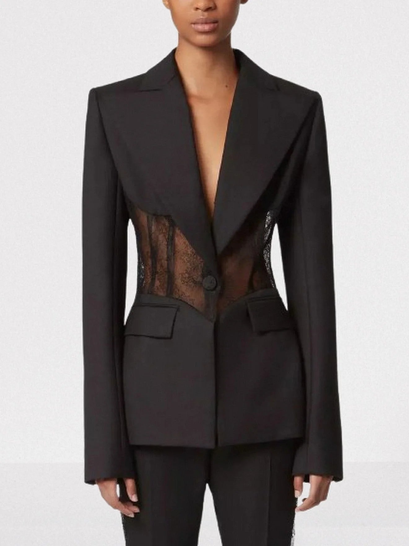 Black Lace-Insert Single-Breasted Blazer - Small - Jackets