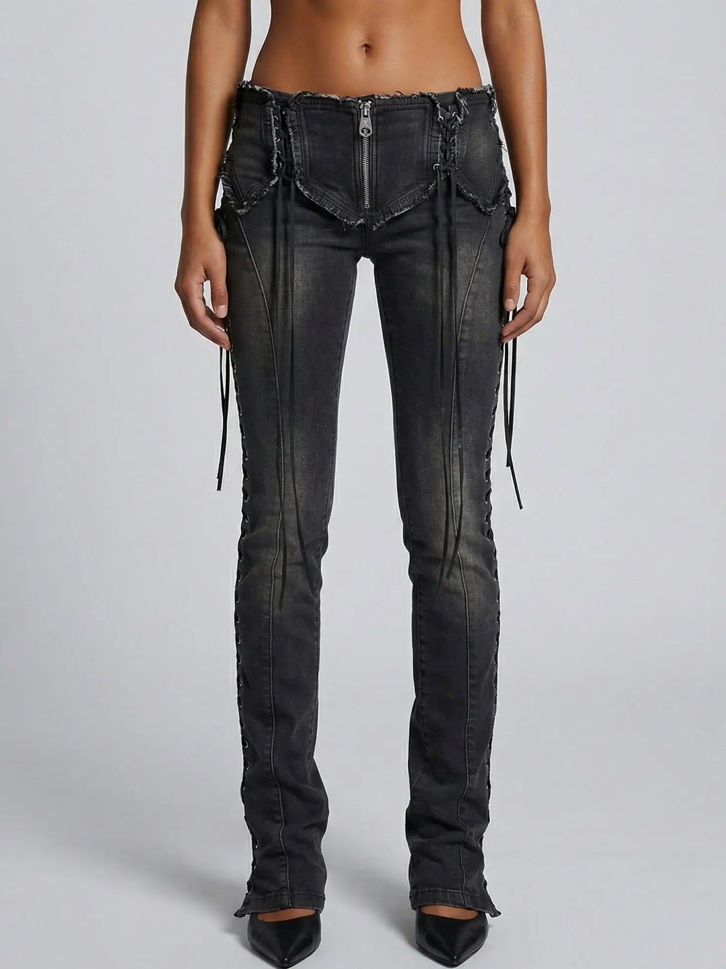 Black Lace-Up Low-Rise Denim Pants