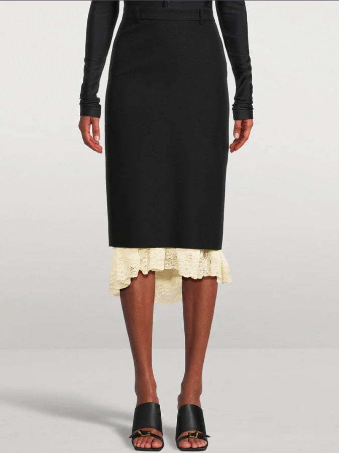 Black Midi Pencil Skirt with Lace Layering - Small - Skirts