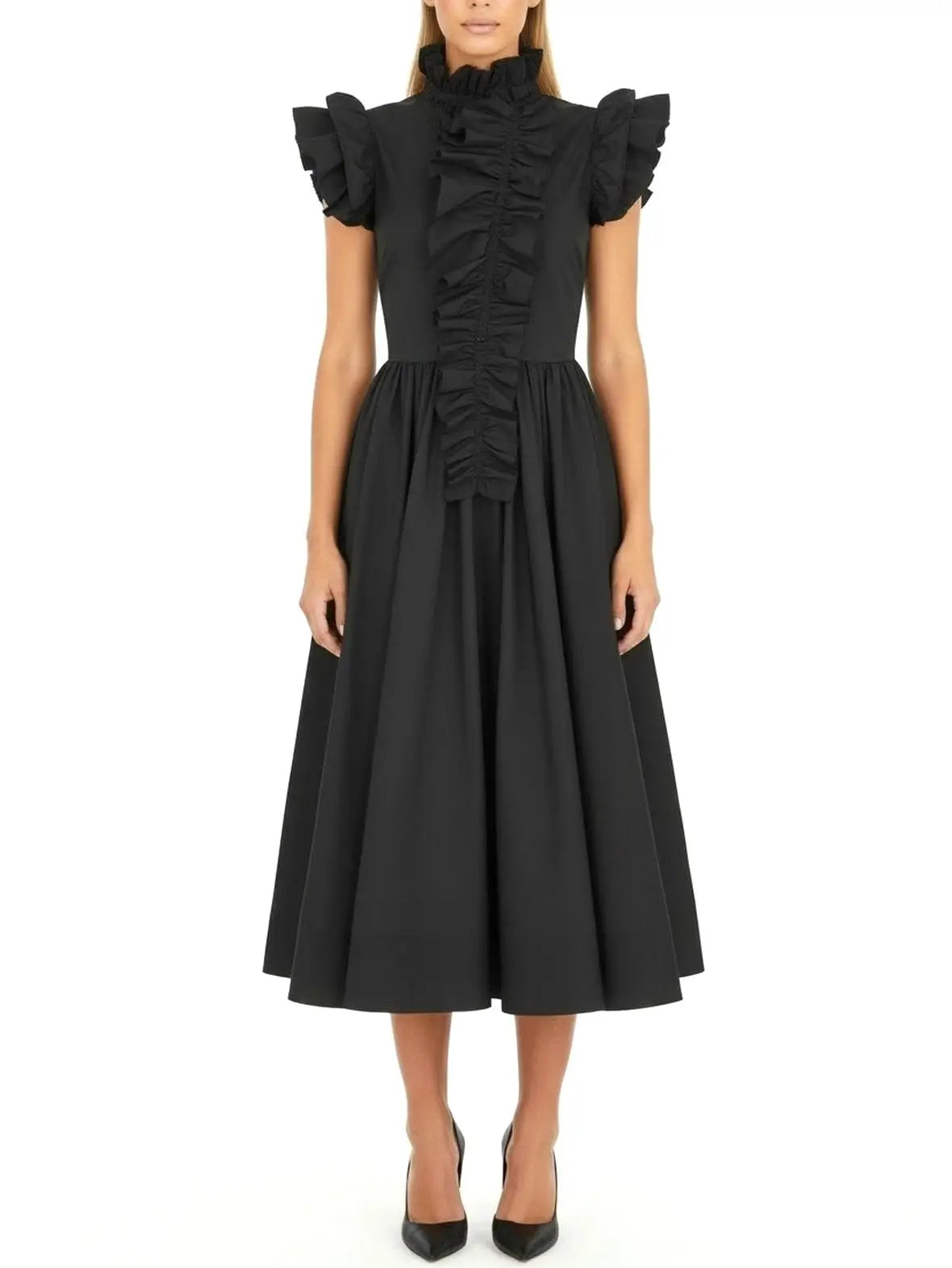 Black Ruffled High-Neck Midi Dress