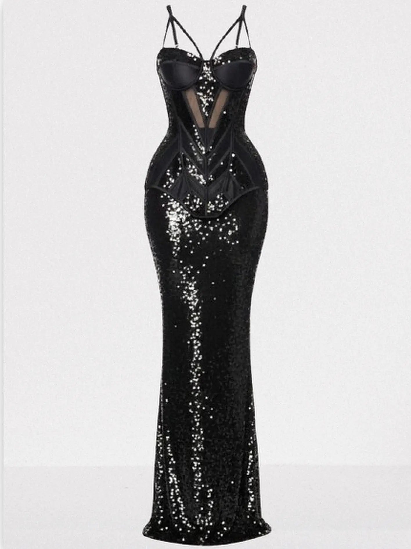 Black Sequin-Embellished Bustier Velvet Panel Gown - Small - Dresses