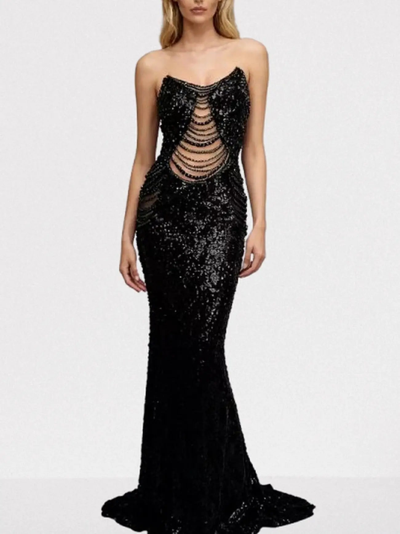 Black Sequined Strapless Gown with Draped Beads - Small
