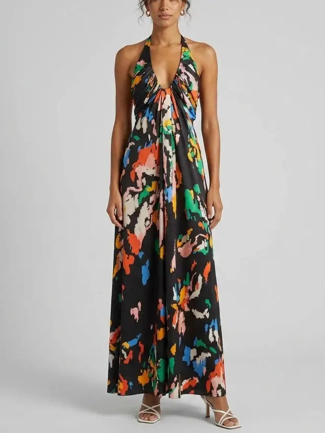 Black Abstract Print Cotton Halter Maxi Dress - Dresses