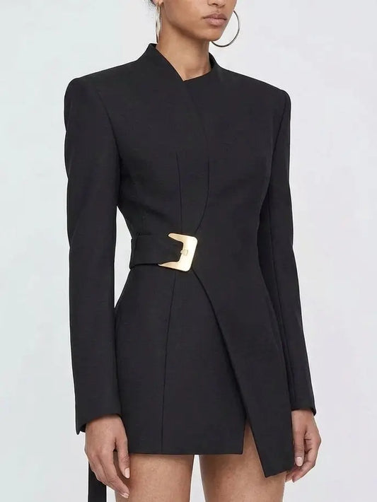 Black Asymmetric Belted Jacket with Gold Buckle - Jackets