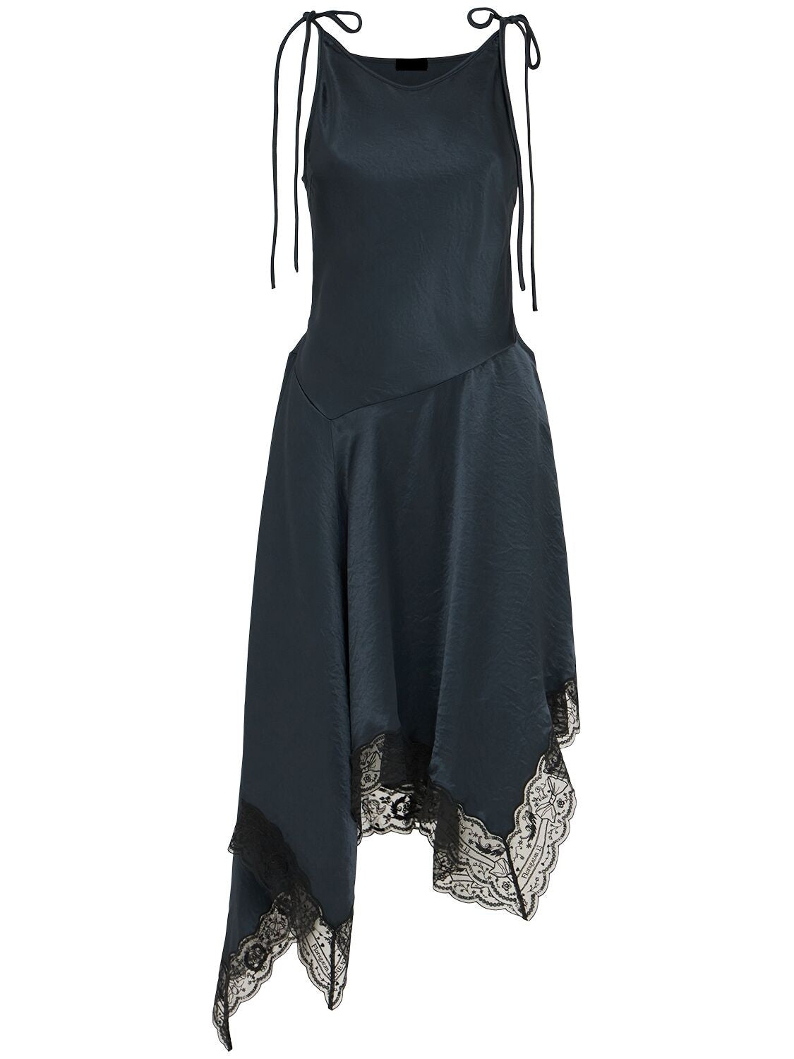 Black Asymmetrical Sleeveless Satin and Lace-Trim Dress