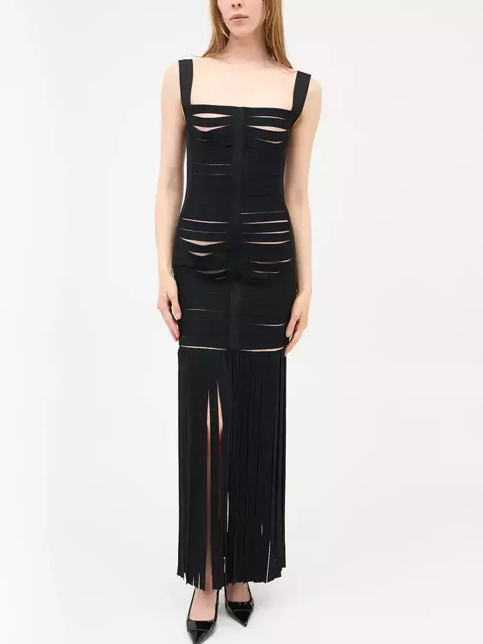 Black Bandage Banded Fringed Maxi Dress Dresses