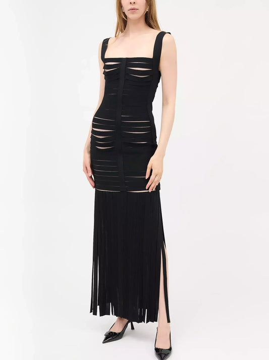 Black Bandage Banded Fringed Maxi Dress Dresses