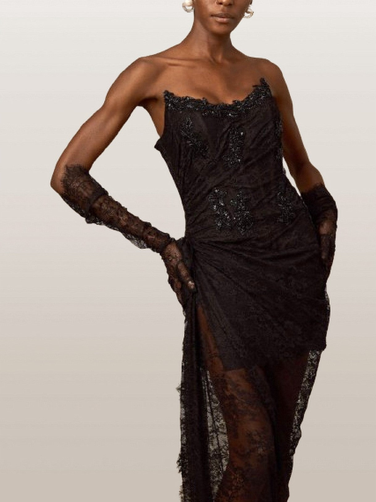 Black Bead-Embellished Corset Lace Gown