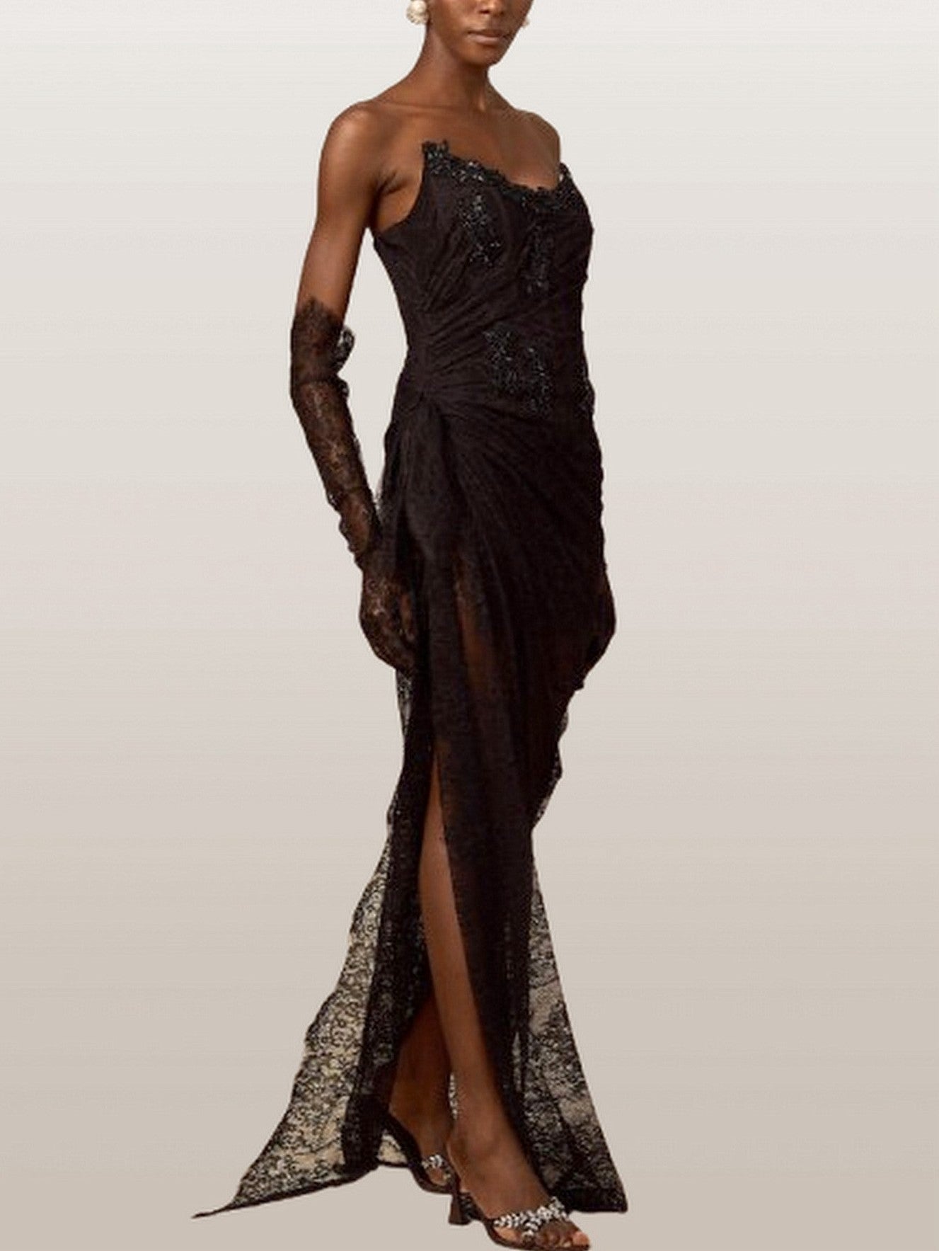 Black Bead-Embellished Corset Lace Gown