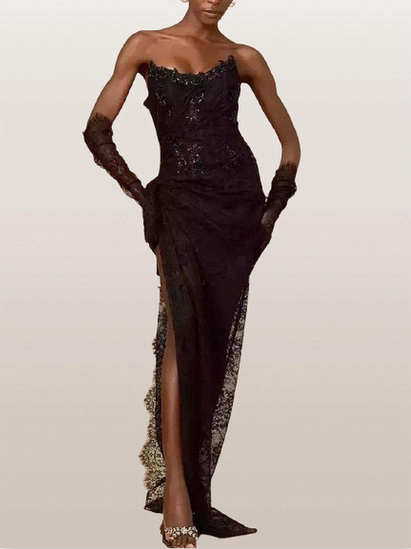 Black Bead-Embellished Corset Lace Gown