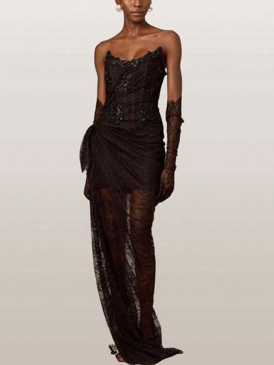 Black Bead-Embellished Corset Lace Gown - Dresses
