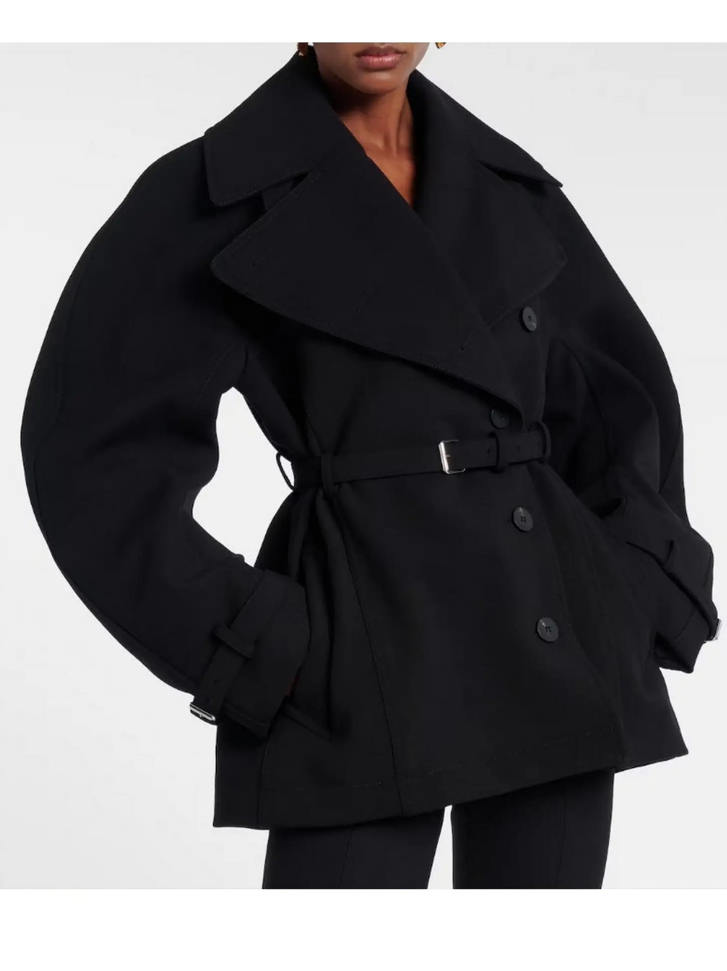 Black Belted Short Tailored Trench Coat - Jackets