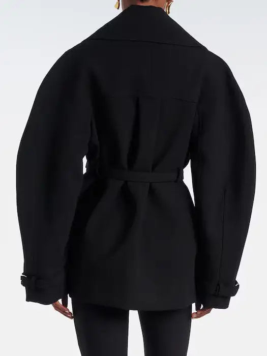 Black Belted Short Tailored Trench Coat - Jackets