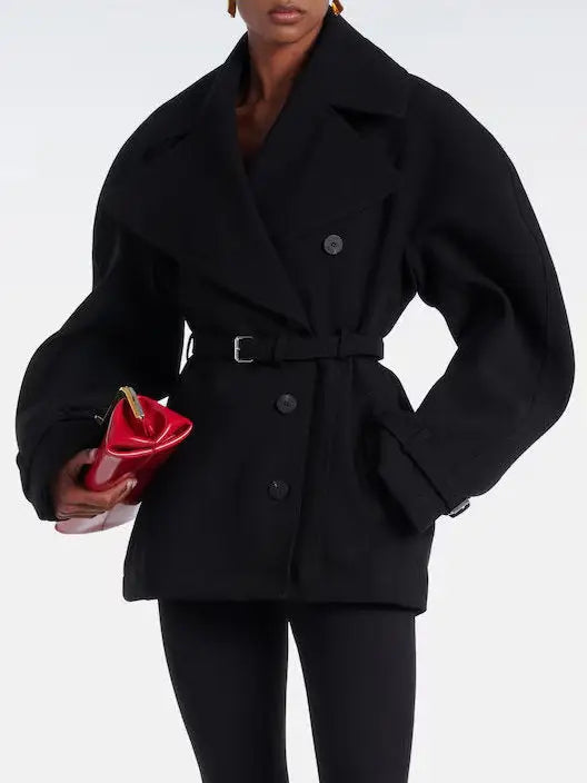 Black Belted Short Tailored Trench Coat - Jackets