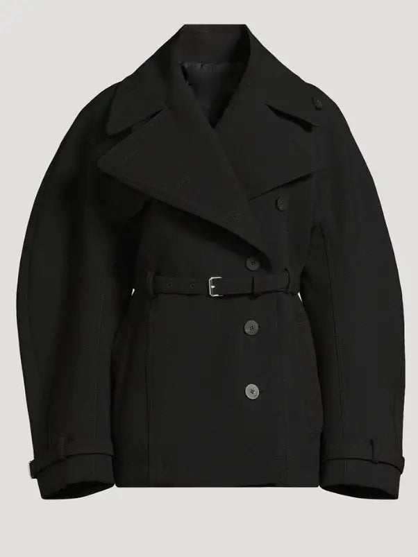 Black Belted Short Tailored Trench Coat - Jackets