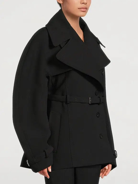Black Belted Short Tailored Trench Coat - Jackets