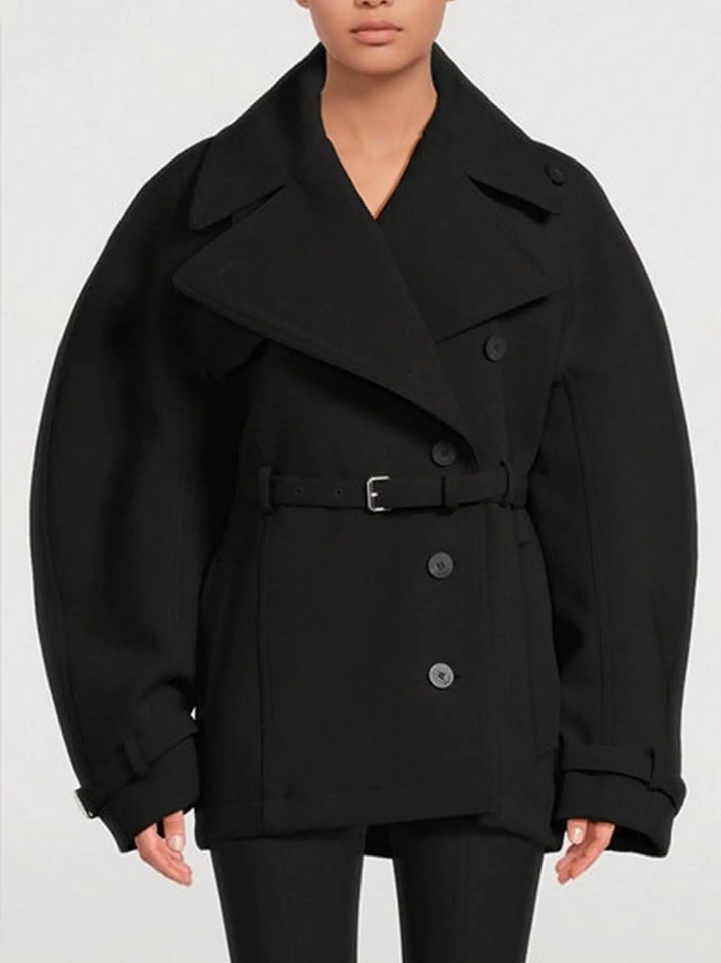 Black Belted Short Tailored Trench Coat - Jackets