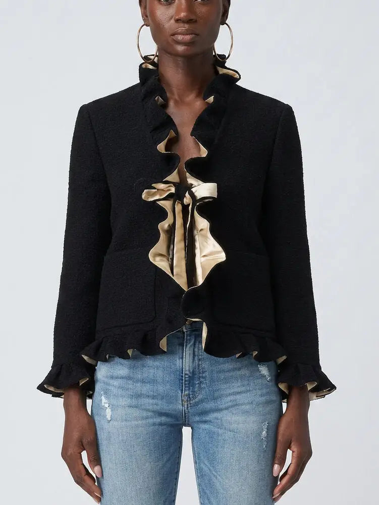 Black Boucle Tweed Ruffle Jacket with Contrast Lining - Jackets