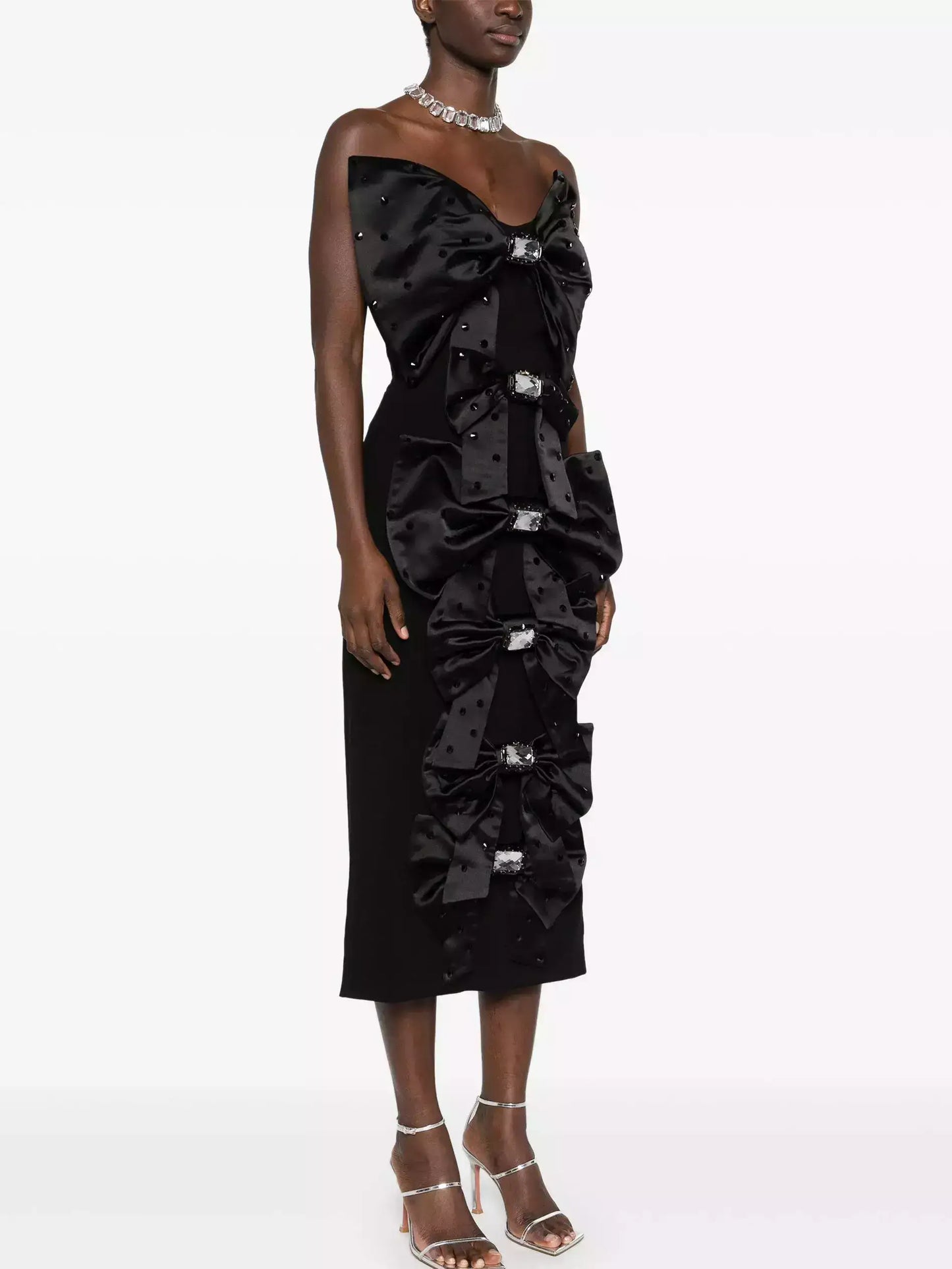 Black Bow-Embellished Strapless Midi Dress - Dresses