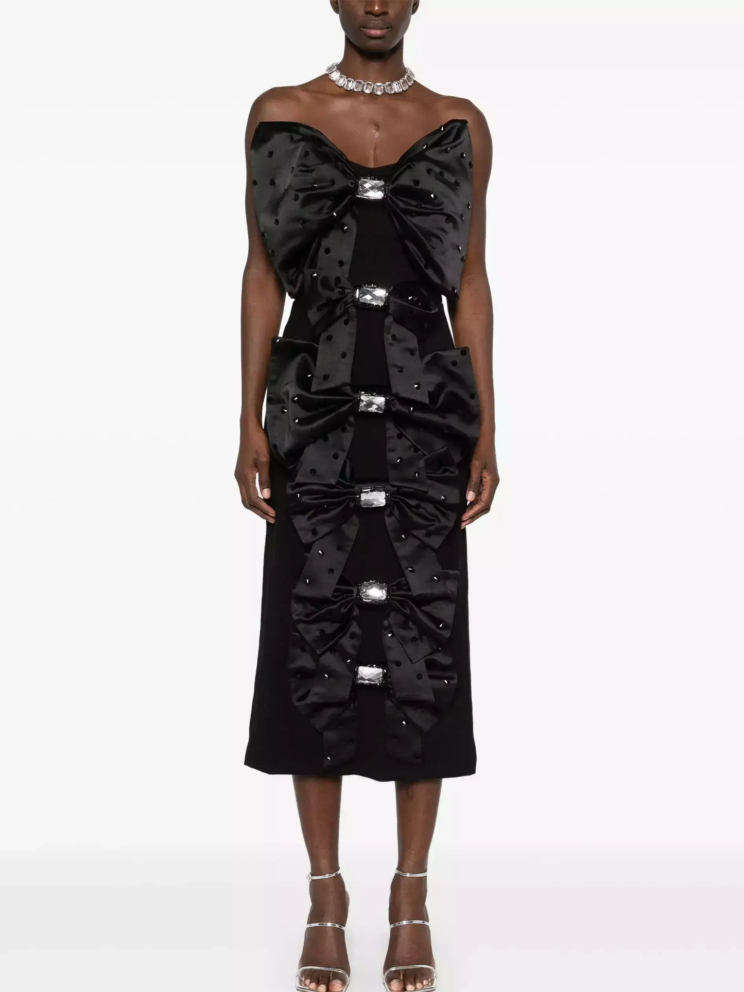 Black Bow-Embellished Strapless Midi Dress - Dresses