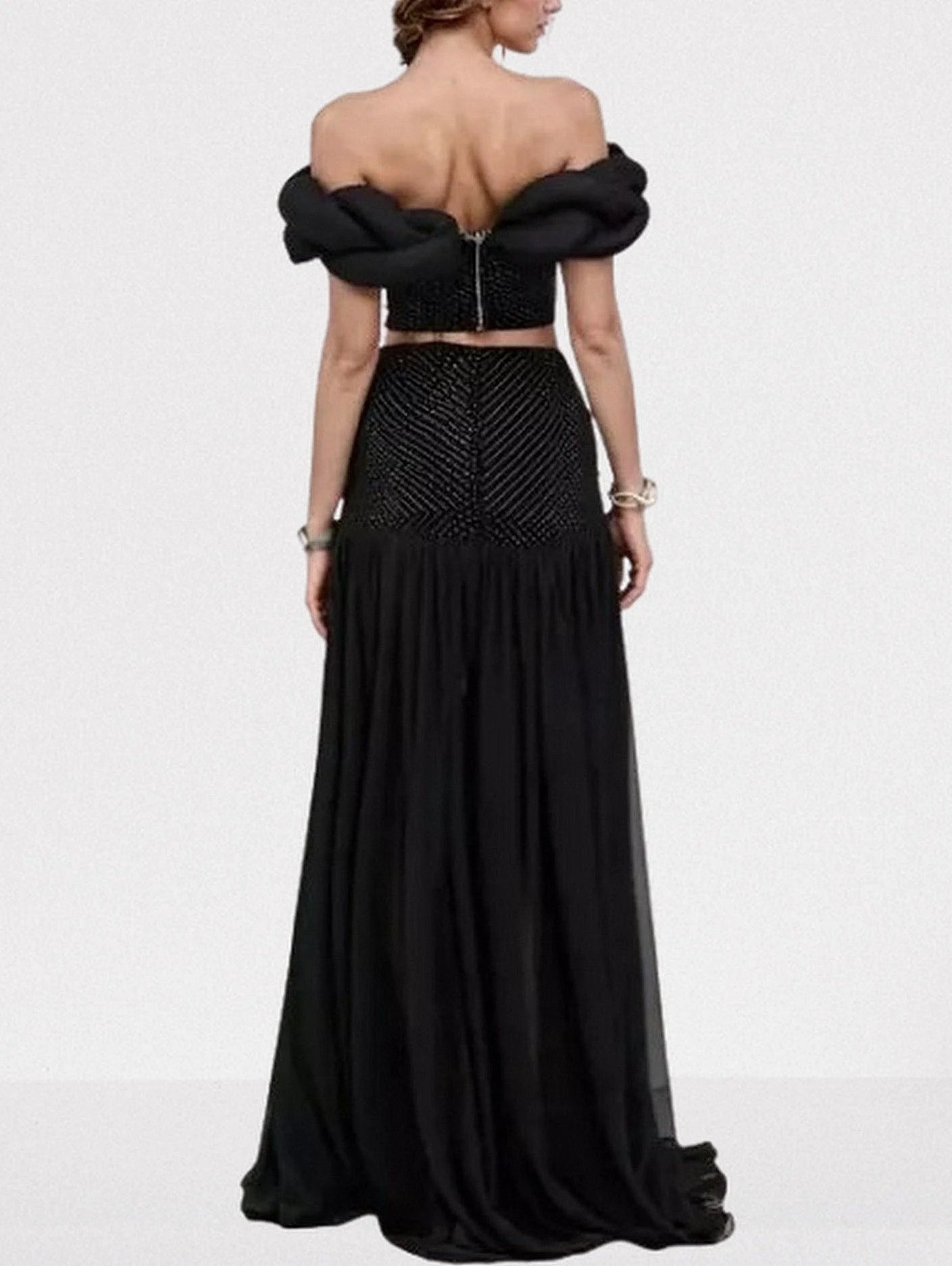 Black Braided Top and Skirt Set with Rhinestones - Suits & Sets