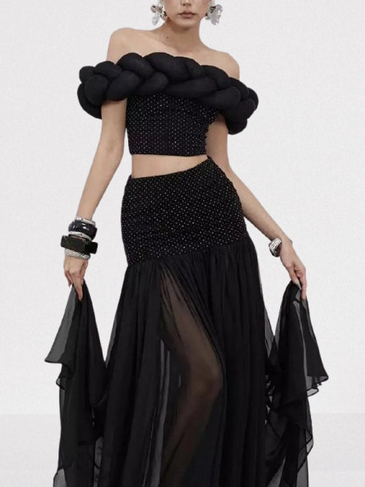 Black Braided Top and Skirt Set with Rhinestones - Suits & Sets
