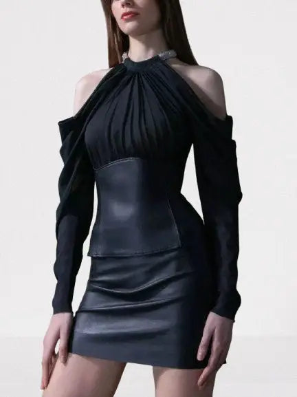 Black Cold-Shoulder Leather Corset Top - Tops
