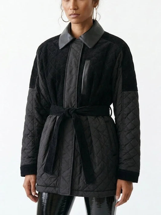 Black Corduroy Quilted Jacket with Leather Trim - Jackets