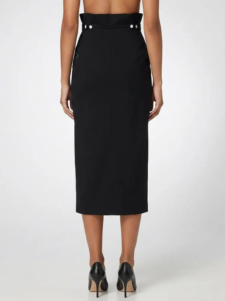 Black Cotton Midi Skirt with White Contrast Details - Skirts