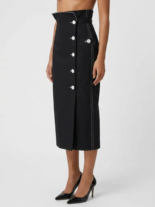 Black Cotton Midi Skirt with White Contrast Details - Skirts